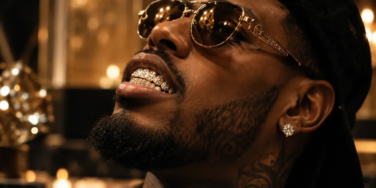 Man wearing gold diamond grillz by Eman Grilzz